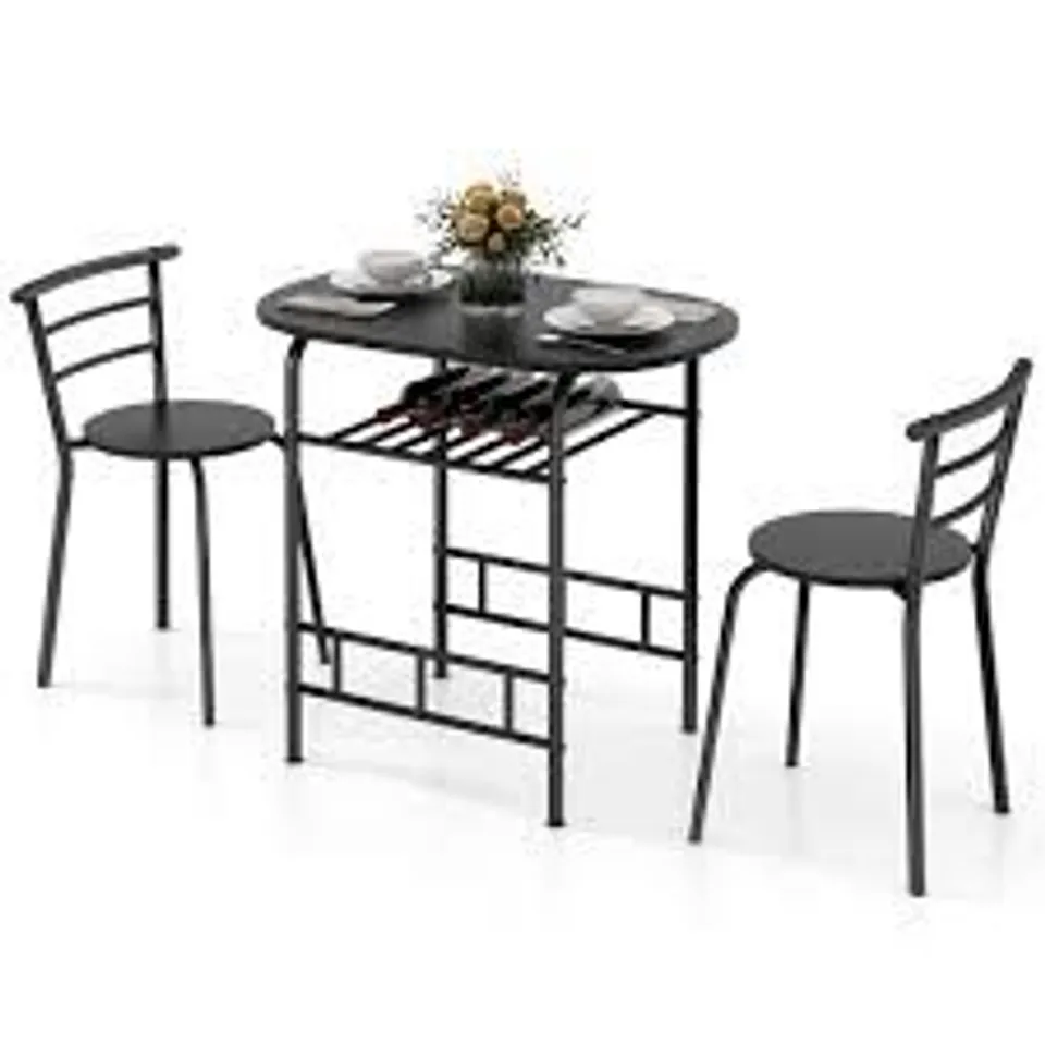 BOXED COSTWAY 3 PIECE DINING TABLE SET WITH EXTRA WINE RACK AND METAL FRAME