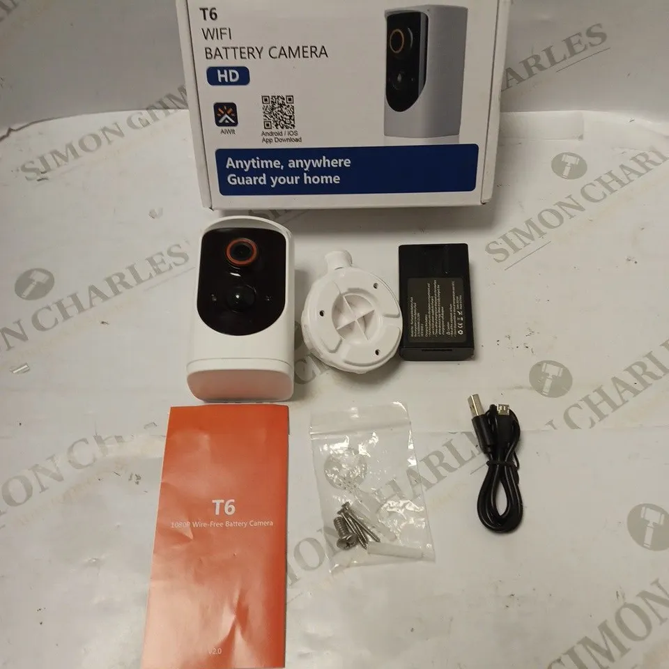 BOXED WIFI HD SECURITY CAMERA WITH BATTERY, MOUNT, USB CABLE AND INSTRUCTIONS