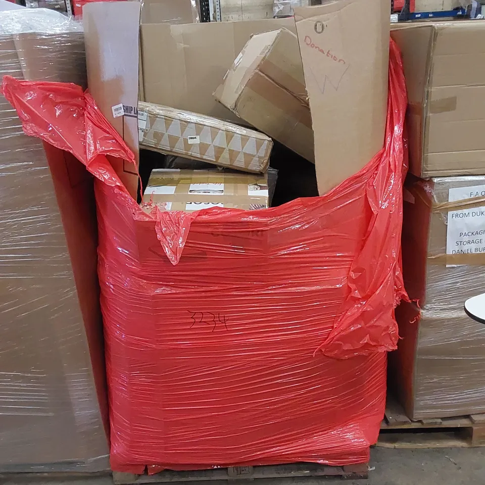 PALLET CONTAINING HOUSEHOLD AND CONSUMER PRODUCTS. INCLUDES FAN, VACUUM CLEANER, KITCHEN FAUCET, BOXED FURNITURE ETC