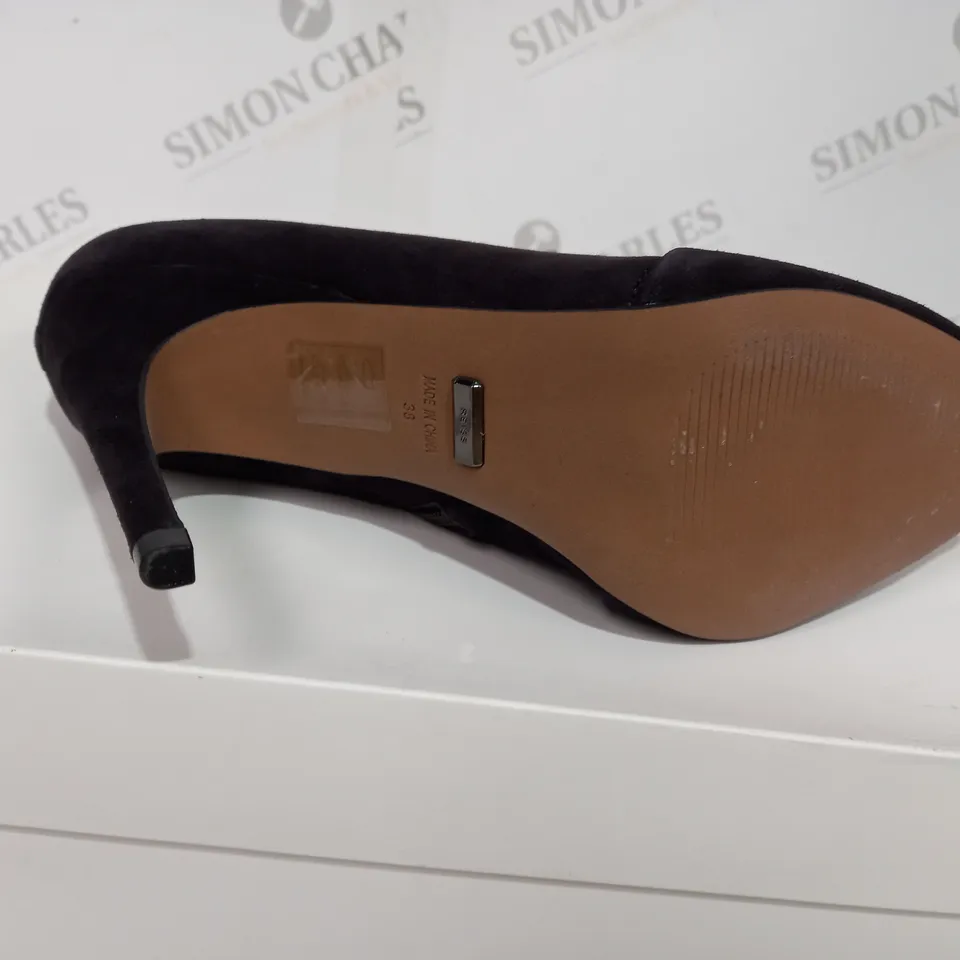 BOXED REISS SUEDE CHOCOLATE BOOT HEELS - SIZE 5