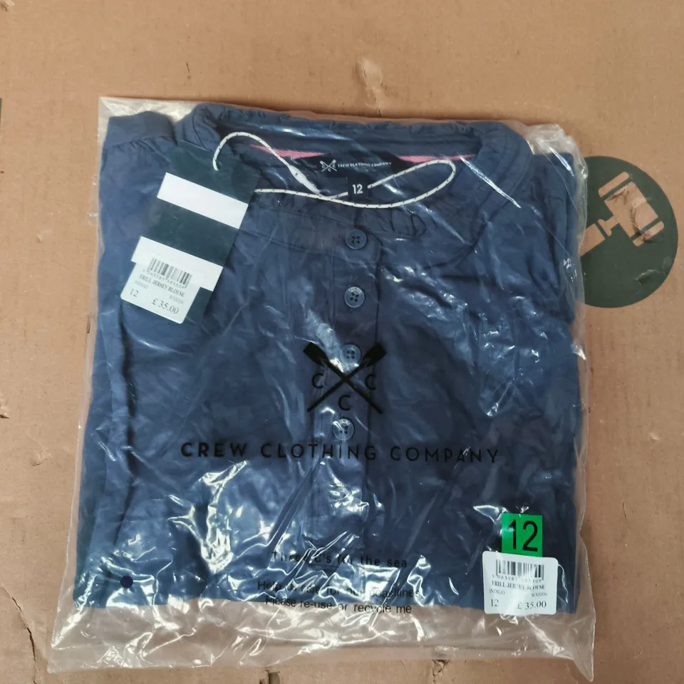 BAGGED CREW CLOTHING COMPANY FRILL JERSEY BLOUSE IN INDIGO SIZE 12