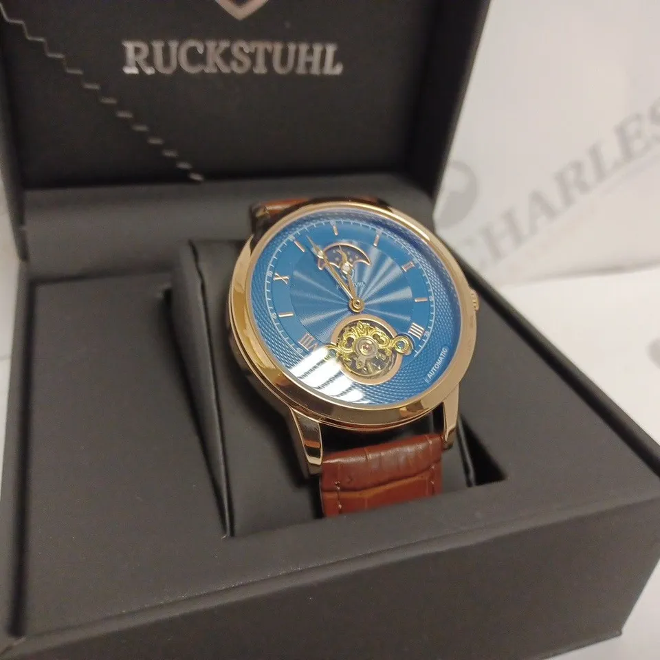 RUCKSTUHL AUTOMATIC DIAL R100 TOURBILLION MENS WATCH - ROSE GOLD STAINLESS STEEL ROSE GOLD CASE - LEATHER STRAP - 3ATM WATER RESISTANT - DISPLAY BOX