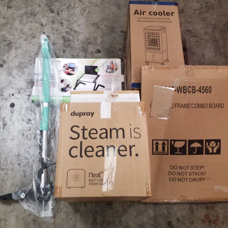 PALLET OF ASSORTED PRODUCTS INCLUDING STEAM CLEANER, LAPTOP DESK, AIR COOOLER, COMBO BOARD, WEED PICKER