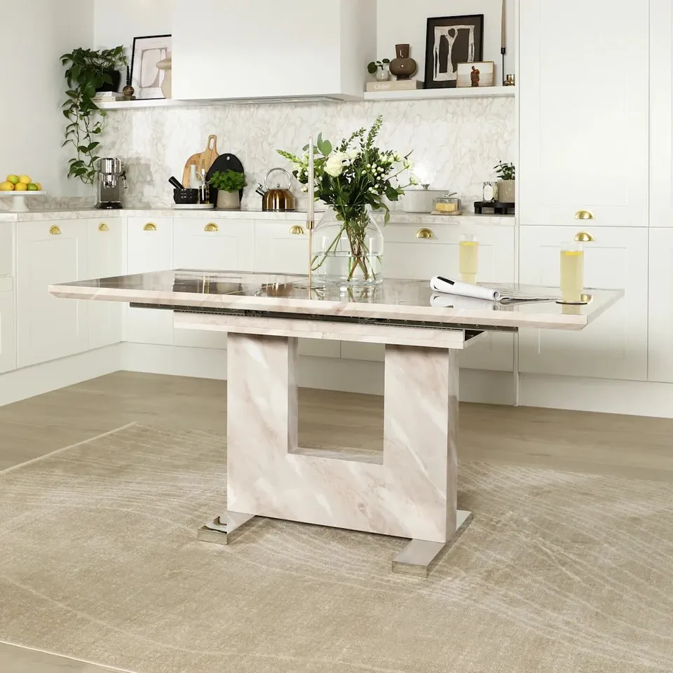 BOXED FLORENCE EXTENDING DINING TABLE , 120-160cm, BEIGE MARBLE EFFECT (2 BOXES)