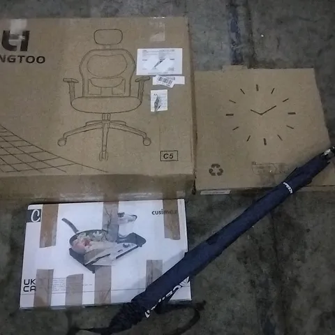 PALLET OF ASSORTED ITEMS INCLUDING OFFICE CHAIR, WALL CLOCK, UMBRELLA, CUSIMAX INFRARED COOKTOP, BODYBOARD WITH WRIST LEASH