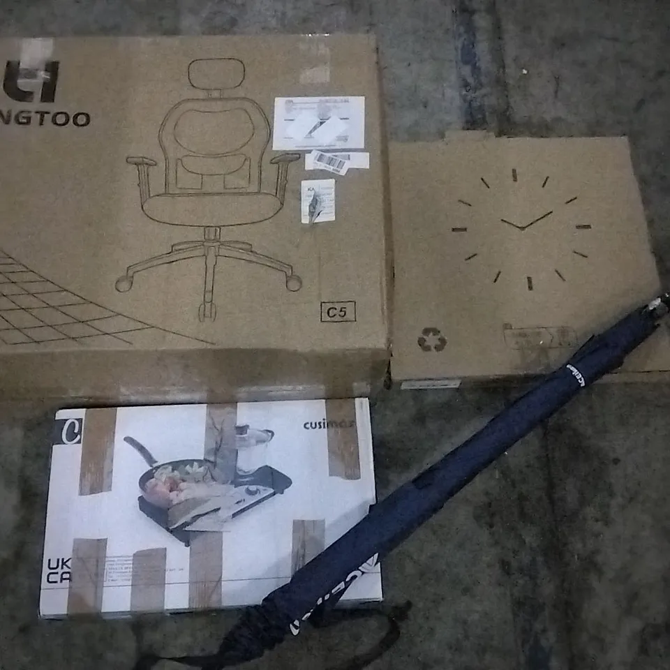 PALLET OF ASSORTED ITEMS INCLUDING OFFICE CHAIR, WALL CLOCK, UMBRELLA, CUSIMAX INFRARED COOKTOP, BODYBOARD WITH WRIST LEASH