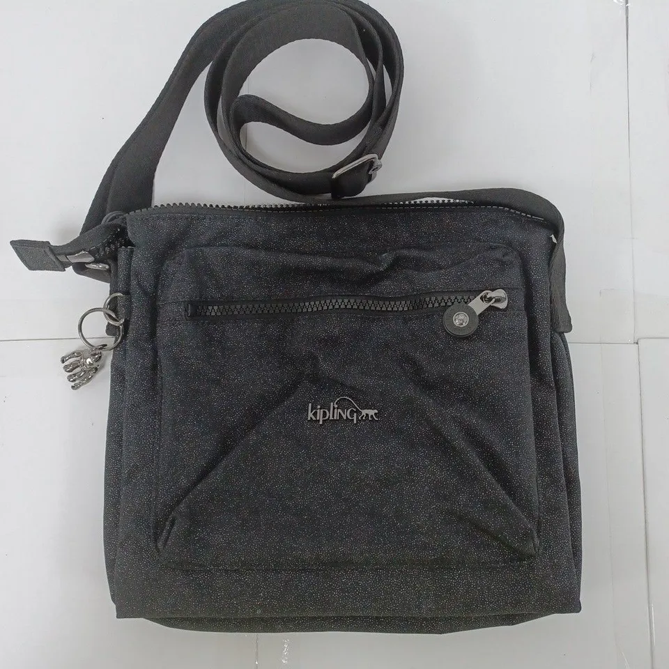 KIPLING SHOULDER BAG IN BLACK GLITTER WITH METALIC GREY MONKEY ACCESSORY 
