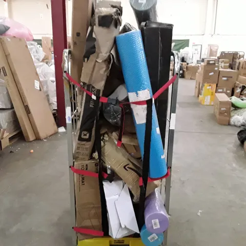 CAGE TO CONTAIN AN ASSORTMENT OF HOUSEHOLD ITEMS TO INCLUDE FOAM ROLLERS, FITNESS STEPPER, METAL BINS AND YOGA MATTS ECT