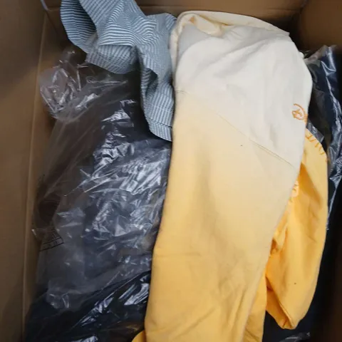 LARGE BOX OF ASSORTED CLOTHING ITEMS IN VARIOUS SIZES, STYLES AND COLOUR 