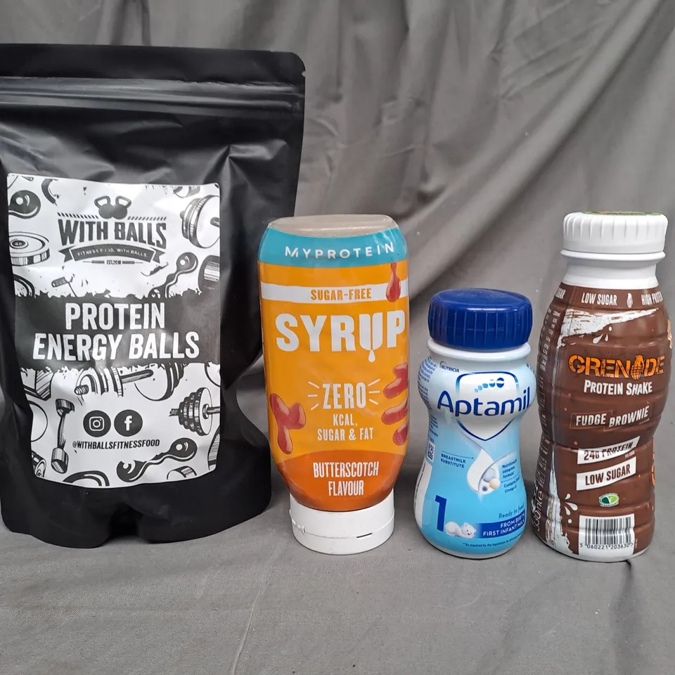 BOX OF APPROXIMATELY 10 ITEMS TO INCLUDE MYPROTEIN SYRUP, GRENADE PROTEIN SHAKE, PROTEIN BALLS ETC