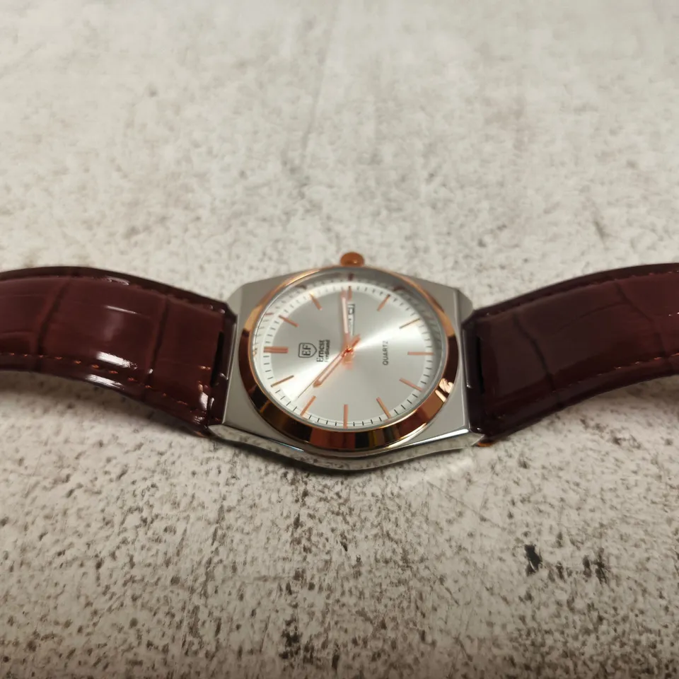 ERNEST FERDINAND WATCH WITH BROWN LEATHER STRAP, SILVER DIAL AND ROSE-GOLD BEZEL