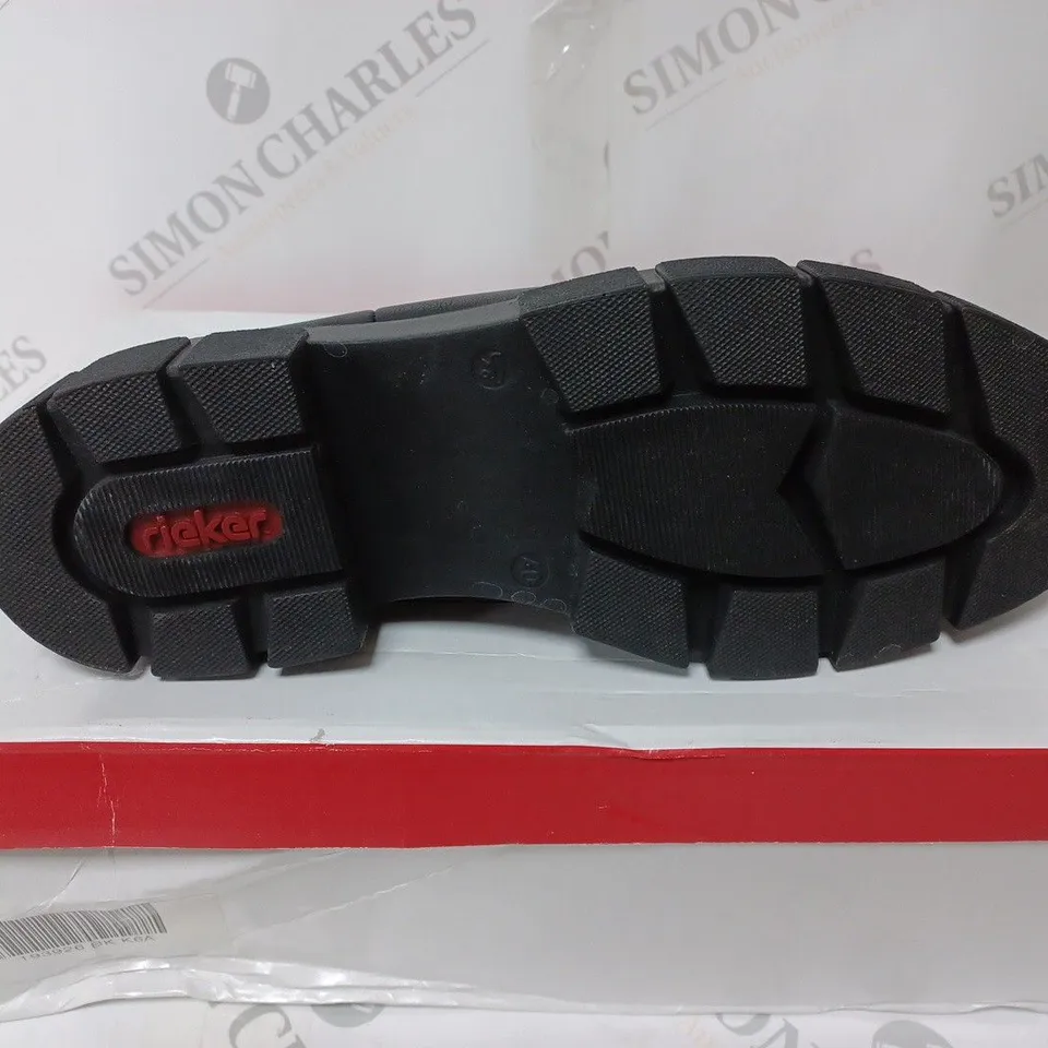 BOXED PAIR OF RIEKER CHUNKY ANKLE BOOTS IN BLACK UK SIZE 6.5