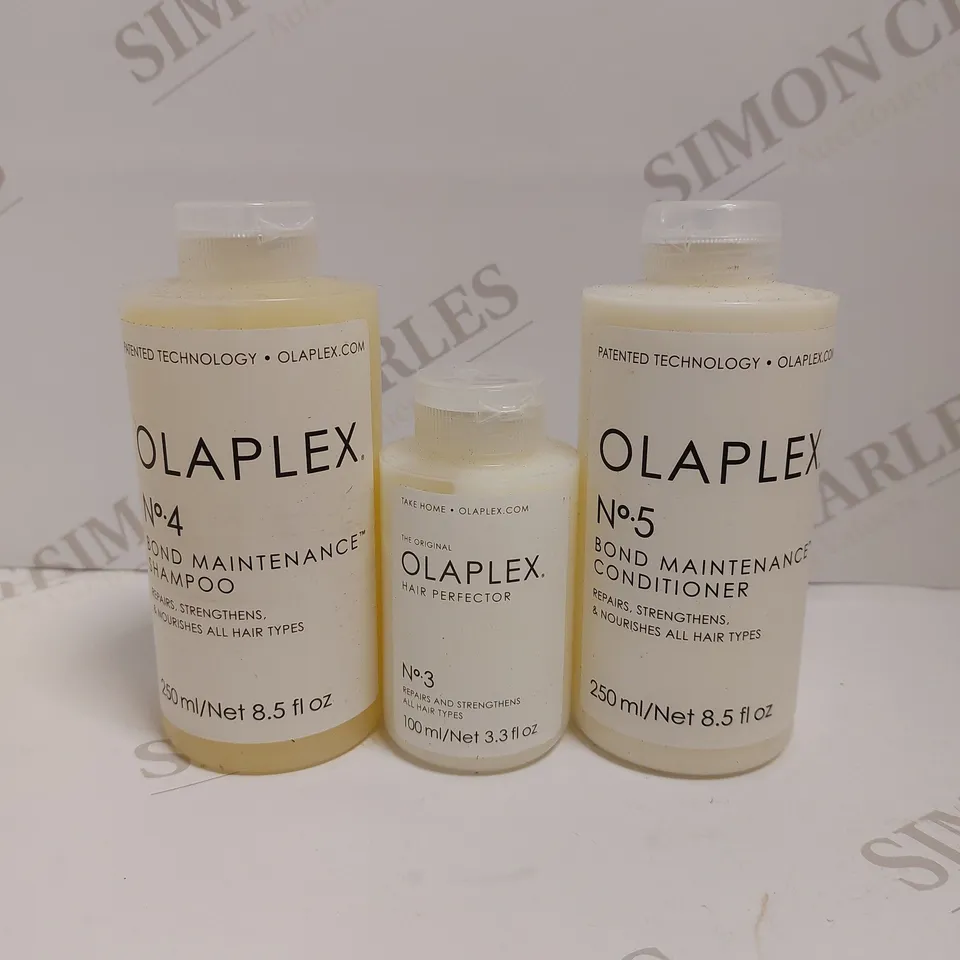 LOT OF 3 ASSORTED OLAPLEX PRODUCTS TO INCLUDE NO.4 BOND MAINTAINENCE SHAMPOO 250ML, NO.3 BOND PERFECTOR 100ML, NO.5 BOND MAINTAINENCE CONDITIONER 250ML