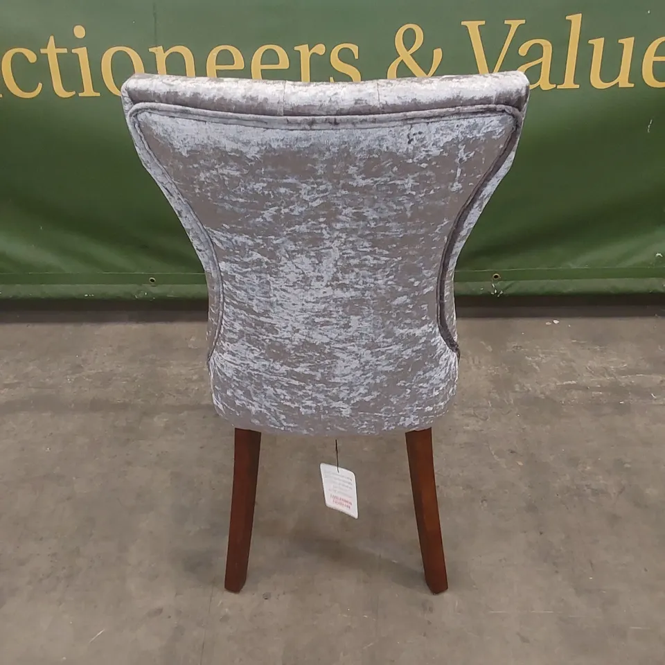 DESIGNER SILVER CRUSHED VELVET UPHOLSTERED DINING CHAIR WITH BROWN LEGS