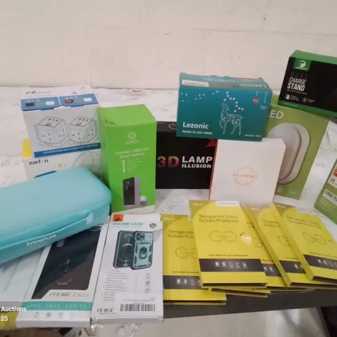 BOX CONTAINING LARGE AMOUNT OF BOXED ELECTRICAL ITEMS TO INCLUDE: OUTDOOR SMART CAMERA, PHONE CASES, SCREEN PROTECTION COVERS,  SWITCH CARRY CASE AND ACCESSORIES PACK, LIGHTS, XBOX REMOTE CHARGER ETC.