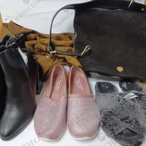 LOT OF APPROX 10 ASSORTED CLOTHING,SHOES AND ACCESSORY ITEMS TO INCLUDE BLACK SUEDE TOTE BAG, GREY FLUFFY SLIPPERS SIZE 6, BLACK LEATHER SIDE ZIP BOOTS SIZE 7, ETC