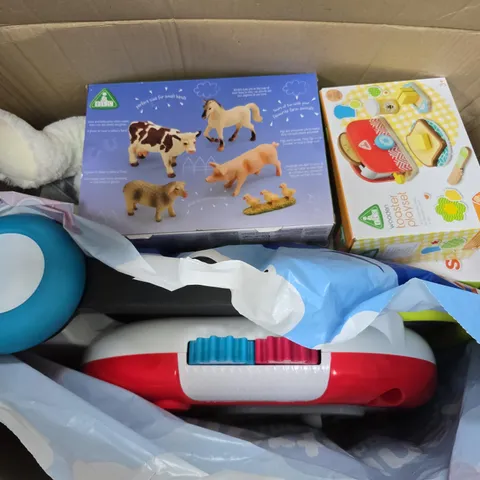 APPROXIMATELY 8 ASSORTED TOYS & GAMES PRODUCTS TO INCLUDE WOODEN TOASTER PLAYSET, ELC FARM ANIMALS, HOP ALONG DINOSAUR, ETC - COLLECTION ONLY