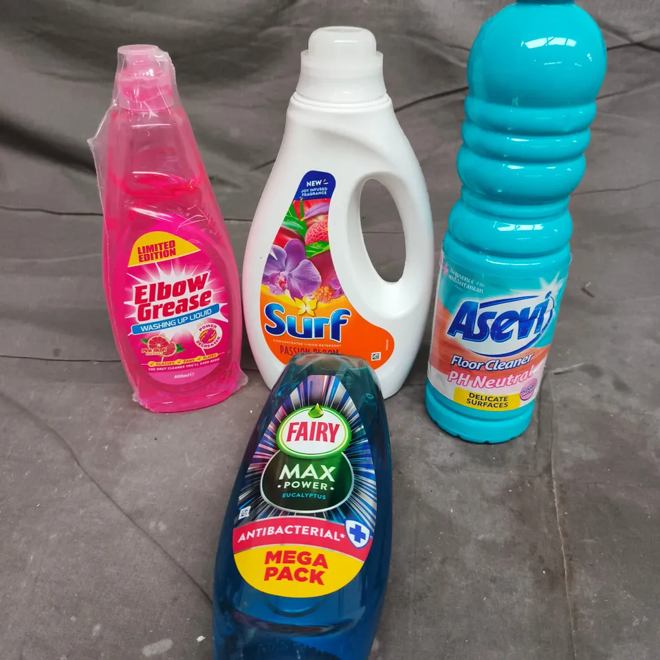 APPROXIMATELY 5 ASSORTED CLEANING PRODUCTS TO INCLUDE ELBOW GREASE, SURF, FAIRY LIQUID ETC 