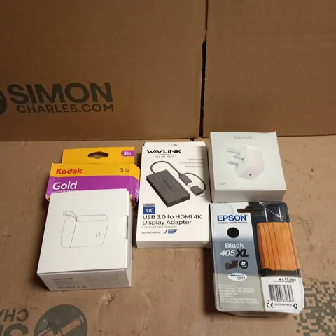 TOTE OF APPROXIMATELY 18 ASSORTED ITEMS TO INCLUDE KODAK GOLD, WAVLINK, GOOGLE CHARGER, LABEL MAKER ETC