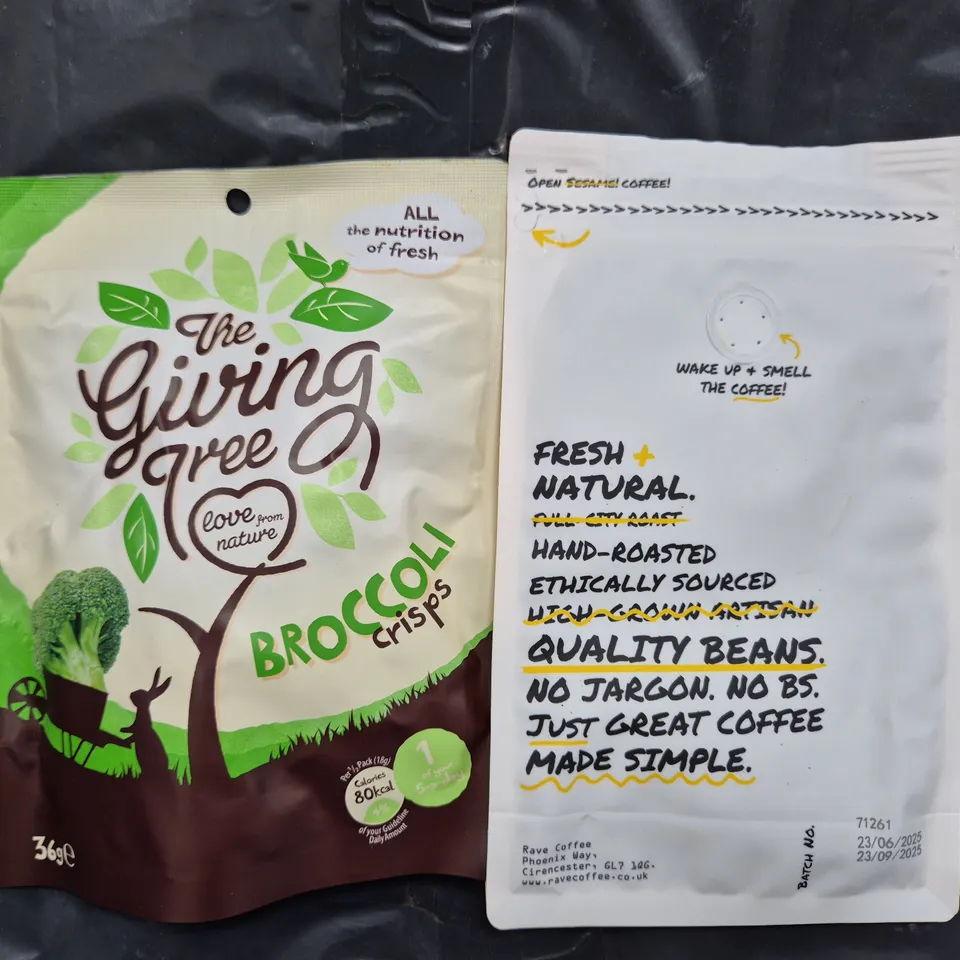 APPROXIMATELY 10 ASSORTED FOOD ITEMS TO INCLUDE RAVE COFFEE, THE GIVING TREE BROCCOLI CRISPS, ETC