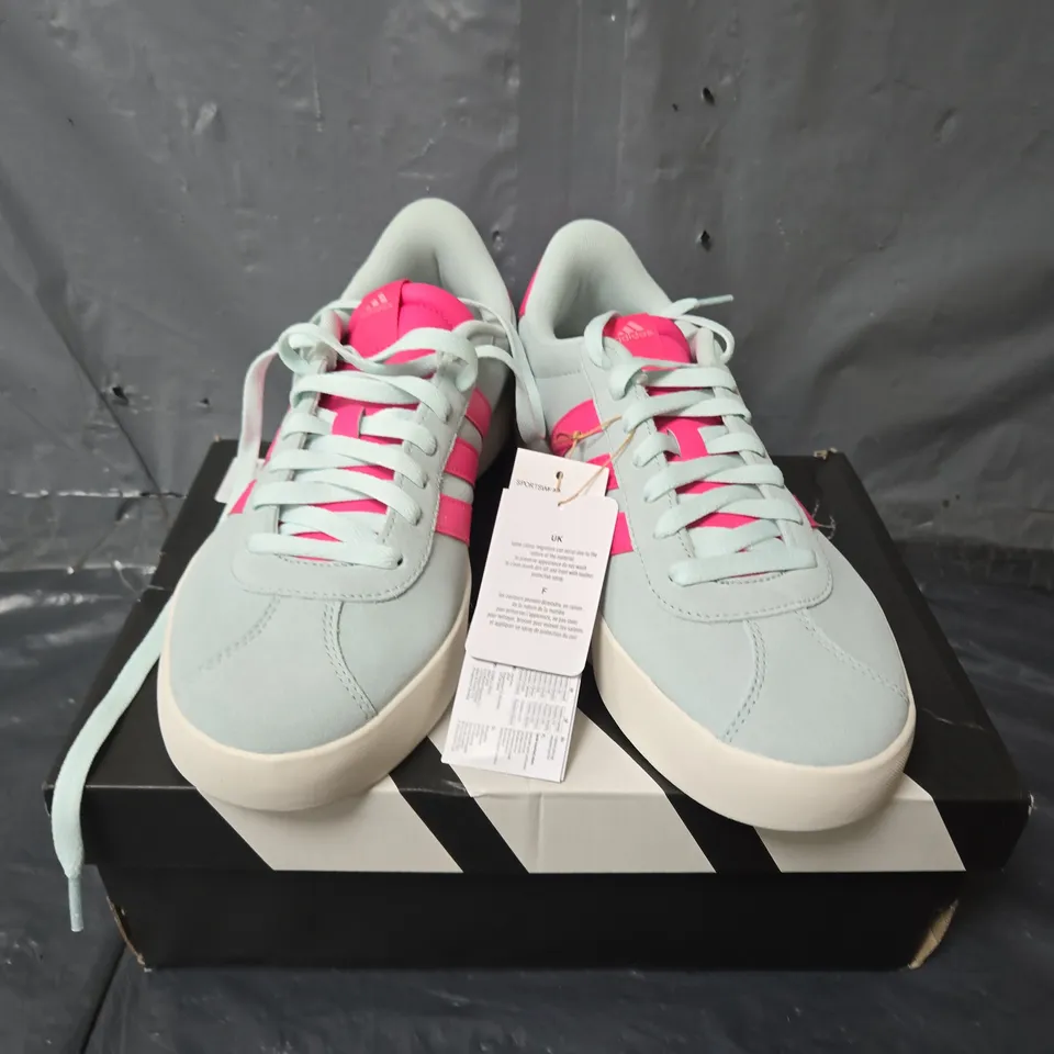 BOXED PAIR OF ADIDAS VL COURT 3.0 TRAINERS IN SKY BLUE/PINK - UK 8