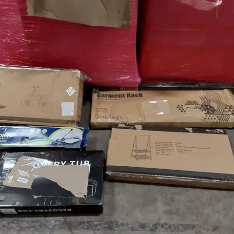 PALLET OF ASSORTED CONSUMER PRODUCTS TO INCLUDE; BALANCE BIKE, GARMENT RACKS, 600MM TILE CUTTER, PORTABLE BATH TUB ECT