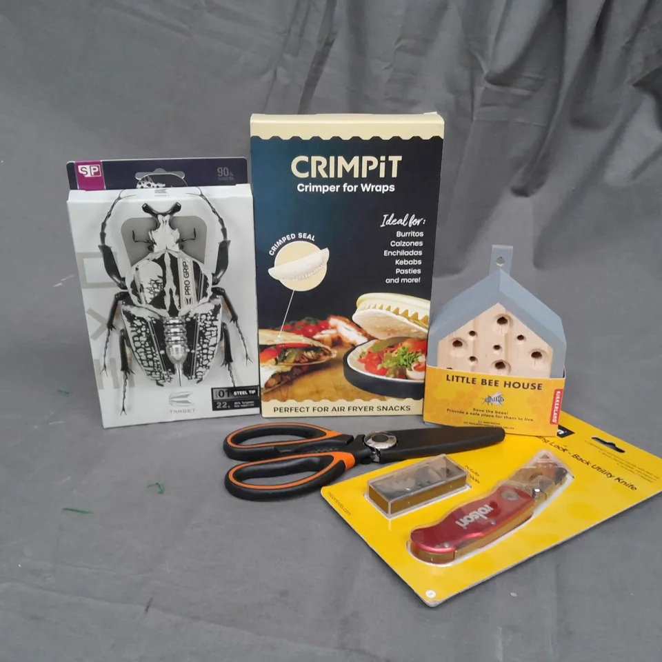 APPROXIMATELY 10 ASSORTED PRODUCTS TO INCLUDE ROLSON FOLDING LOCK BACK UTILITY KNIFE, KITCHEN SCISSORS, LITTLE BEE HOUSE 