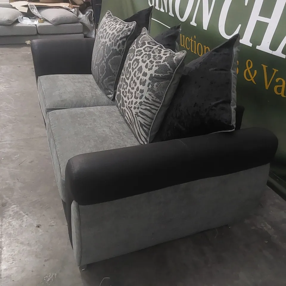 DESIGNER GREY AND BLACK FABRIC THREE SEATER SOFA WITH SCATTER BACK CUSHIONS 