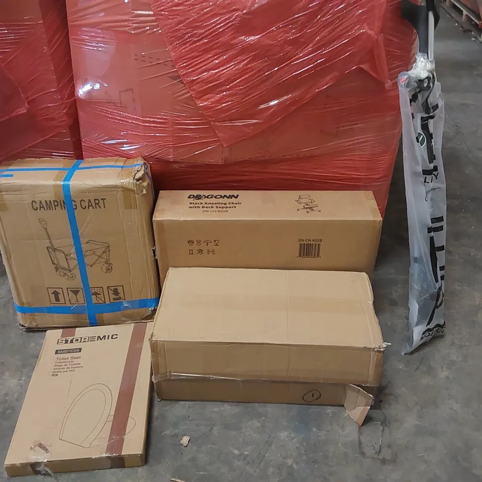 PALLET OF ASSORTED CONSUMER PRODUCTS TO INCLUDE: KNEELING CHAIR, CAMPING CART, TOILET SEAT, 52" CEILING FAN LIGHT, CRUTCHES ECF