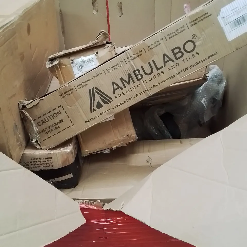 PALLET OF ASSORTED HOUSEHOLD GOODS AND PRODUCTS TO INCLUDE; BOXED FURNITURE, AMBULABO FLOOR AND TILES ETC