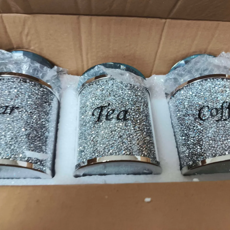 SET OF 3 GLITTERY METAL CANISTERS LABELLED SUGAR, TEA & COFFEE