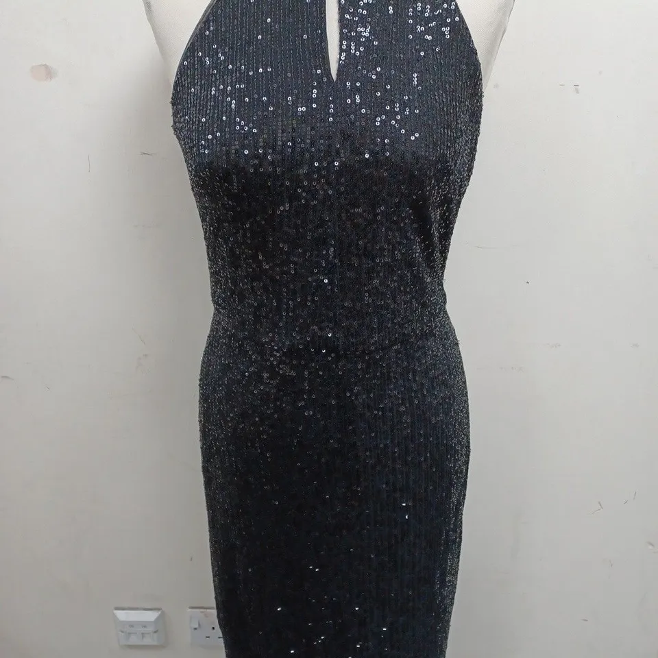 YUMI BLACK SEQUIN HALTER NECK FITTED DRESS - 12