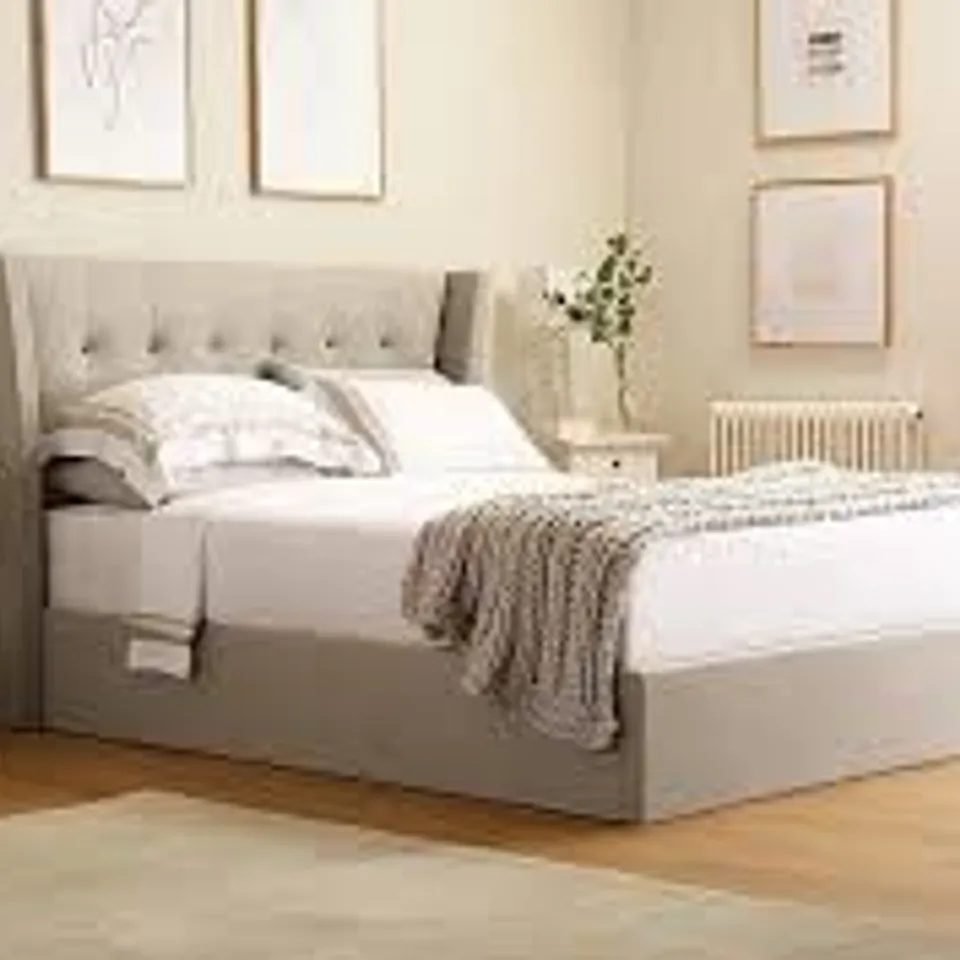 BRAND NEW BOXED KENLEY DOUBLE OTTOMAN BED, OATMEAL, CLASSIC LINEN-WEAVE FABRIC (4 BOXES)