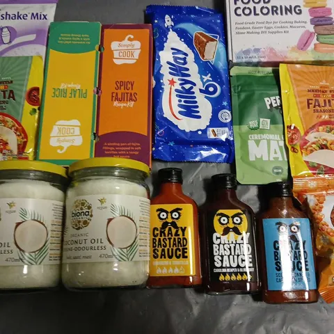 LOT OF APPROXIMATELY 18 ASSORTED FOOD AND DRINK ITEMS TO INCLUDE COCONUT OIL, CRAZY BASTARD HOT SAUCES AND PEPSI