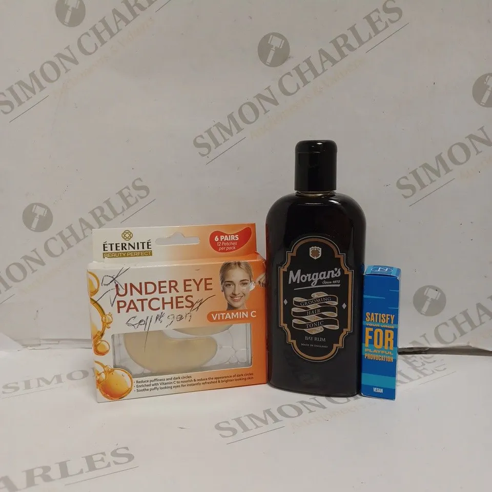 BOX OF APPROX 20 ASSORTED BEAUTY PRODUCTS TO INCLUDE ETERNITE UNDER EYE PATCHES, MORGANS HAIR TONIC, TEEEZ LIP GLOSS, ETC. 