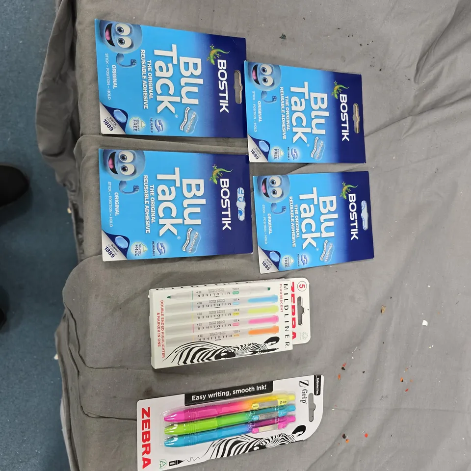 BOSTIK BLU TACK ORIGINAL ADHESIVE PUTTY – 4 PACKS; ZEBRA MILDLINER HIGHLIGHTER SET; ZEBRA Z-GRIP PENS