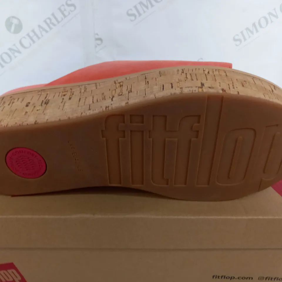 BOXED PAIR OF FITFLOP ELOISE CORK-WRAP SUEDE WEDGE SLIDES - SUNSHINE CORAL - UK 9