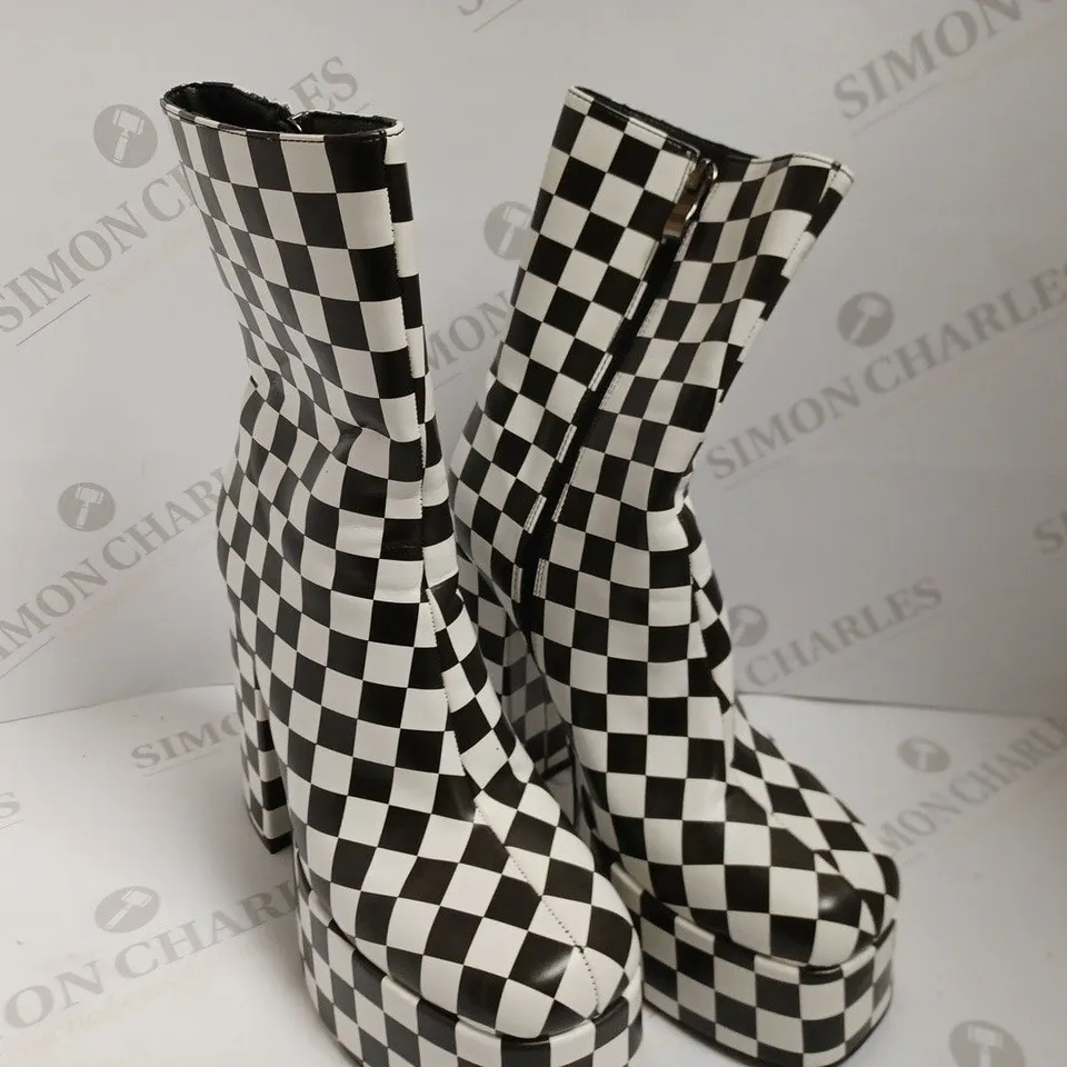 KOI VEGAN BLACK/WHITE CHEQUERED PLATFORM BOOTS - SIZE 6