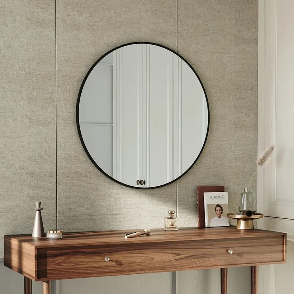 BOXED BAUM NORDIC ROUND BATHROOM FRAMED MIRROR WALL HANGING SIZE:50 CM H X 50 CM W X 3.5 CM D FINISH: BLACK