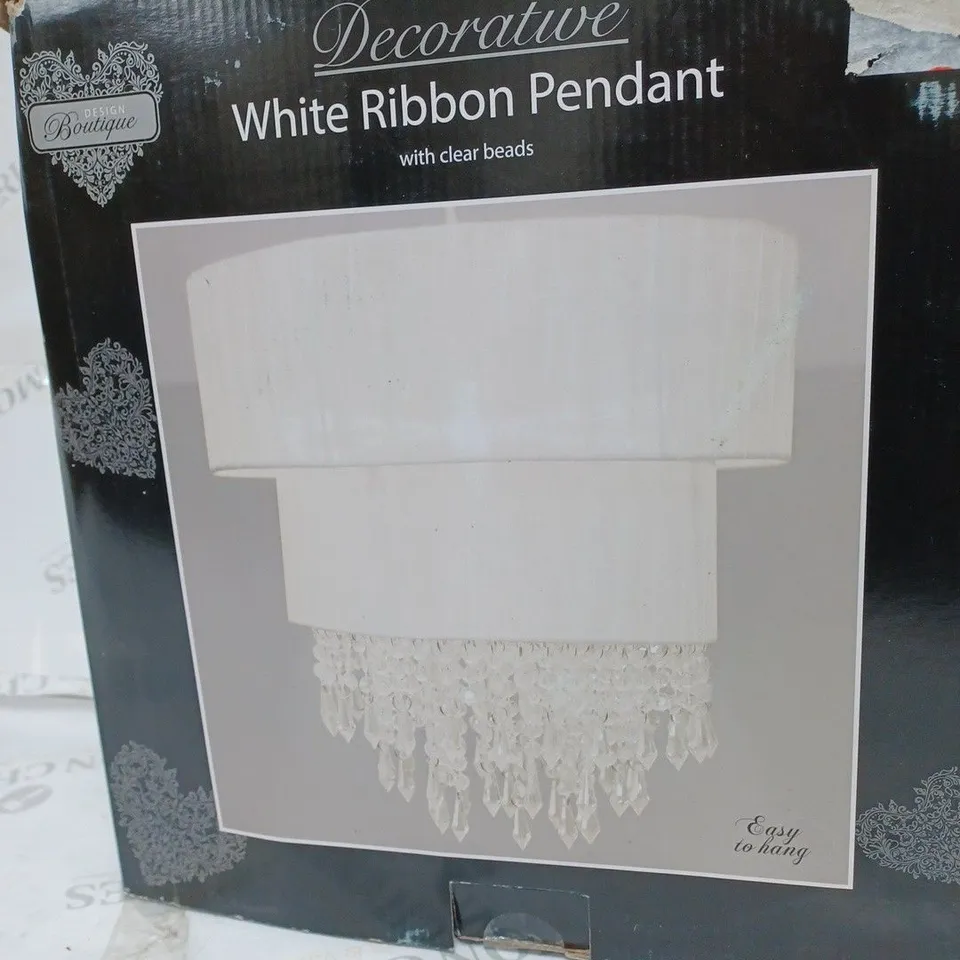 DECORATIVE WHITE RIBBON PENDANT WITH CLEAR BEADS