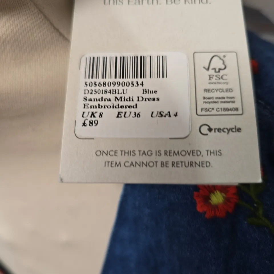 NOBODY'S CHILD SANDRA MIDI DRESS EMBROIDERED – BLUE DENIM, UK8