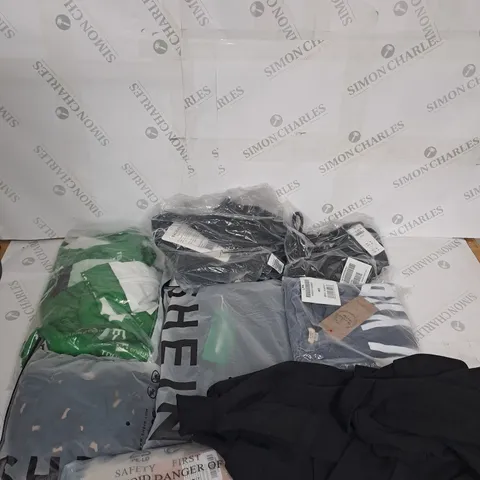 LARGE BOX OF ASSORTED CLOTHING ITEMS IN VARIOUS COLOURS AND SIZES INCLUDING TROUSERS , TOPS AND JUMPERS 