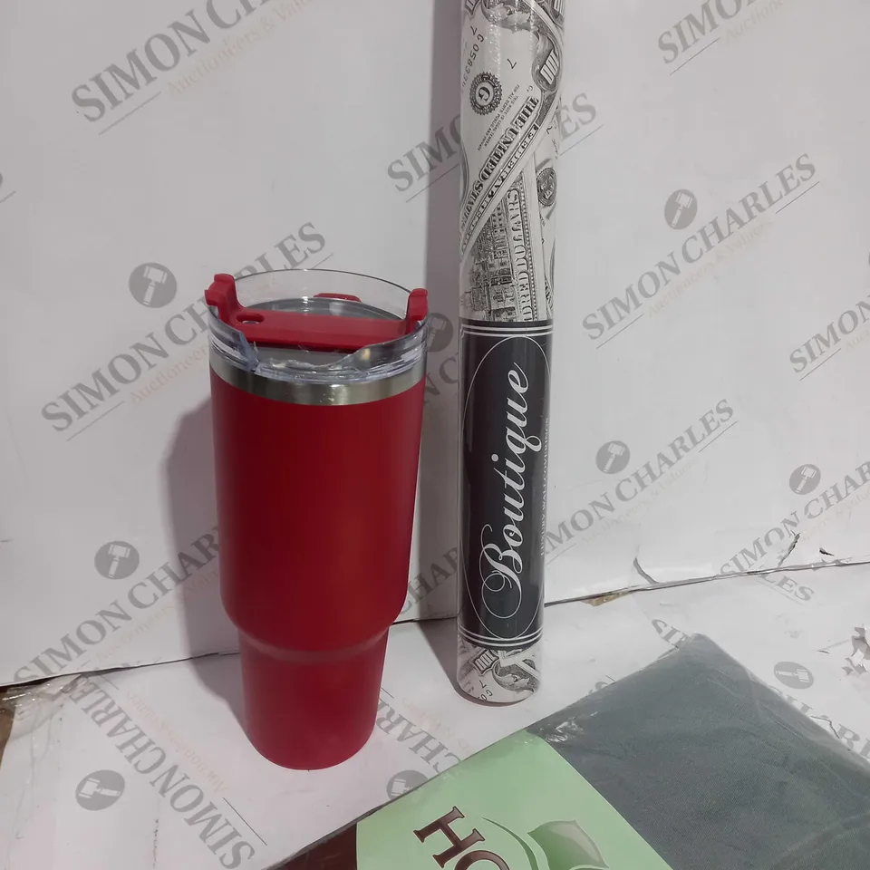 BOX OF APPROXIMATELY 15 ASSORTED ITEMS T INCLUDE COFFE FLASK, MONEY WALLPAPER, WELCOME RUG ETC