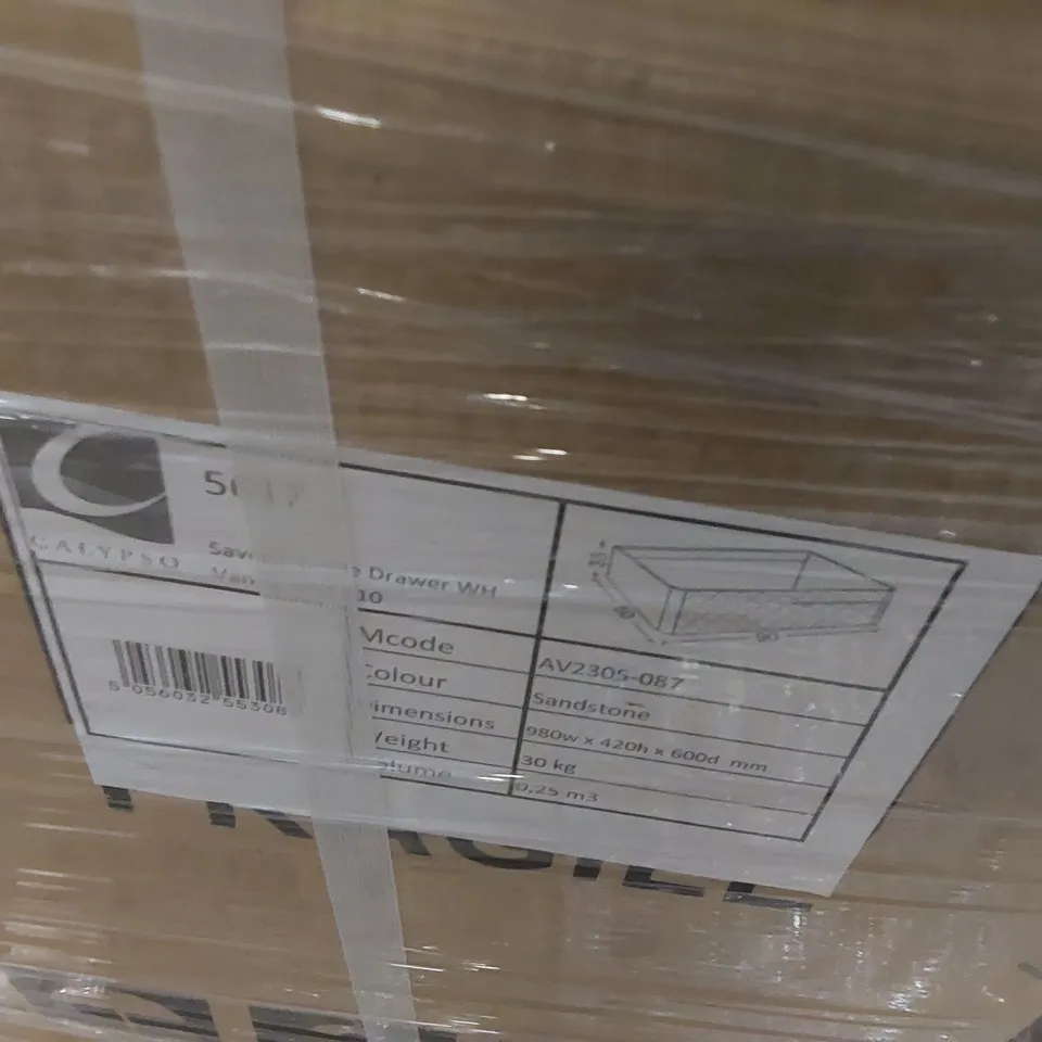 PALLET CONTAINING A LARGE QUANTITY OF BRAND NEW BRAND NEW SAVENA SINGLE DRAWER VANITY BASE UNIT