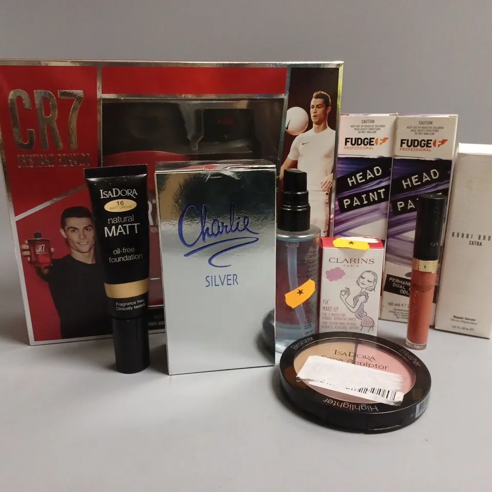 APPROXIMATELY 10 ASSORTED BEAUTY PRODUCTS TO INCLUDE CRISTIANO RONALDO CR7 GIFT SET, REVLON CHARLIE SILVER EAU DE TOILETTE, CLARINS FIX MAKEUP