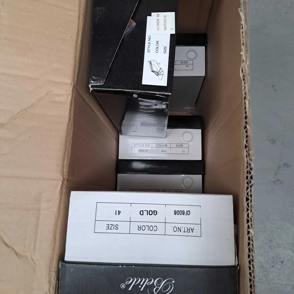 BOX OF APPROXIMATELY 10 PAIRS OF ASSORTED SHOES IN VARIOUS STYLES, COLOURS AND SIZES - VARIOUS SIZES