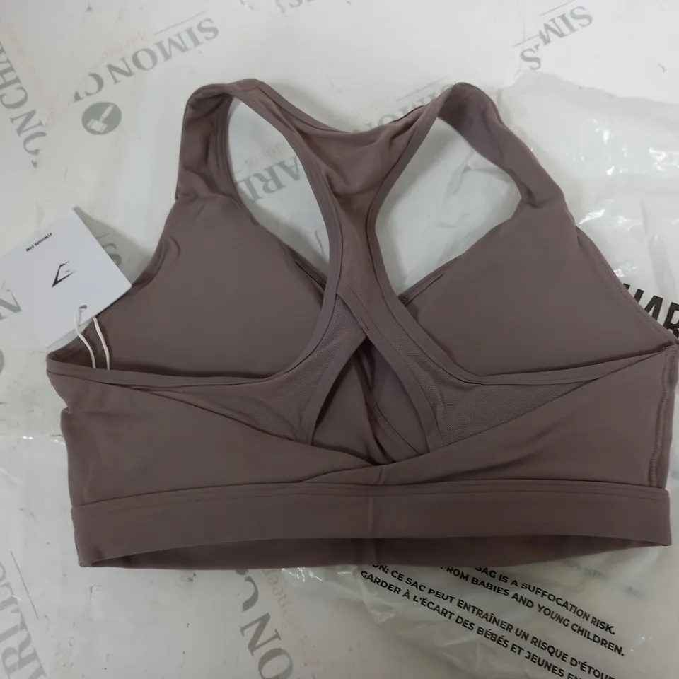 GYMSHARK CROSSOVER SPORTS BRA IN WASHED MAUVE - S LIGHT SUPPORT