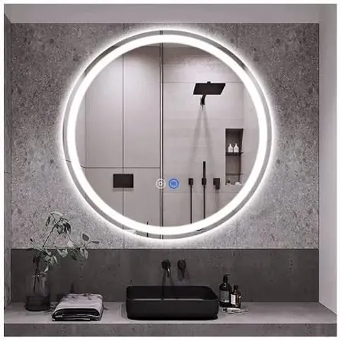 BOXED ROUND BATHROOM MIRROR WITH LED LIGHTS 57X58CM, ANTI-FOG, 3 COLORS DIMMABLE, BACKLIT LIGHT, LIGHTED BATHROOM VANITY MIRROR FOR WALL, SHATTERPROOF TEMPERED GLASS, MEMORY FUNCTION