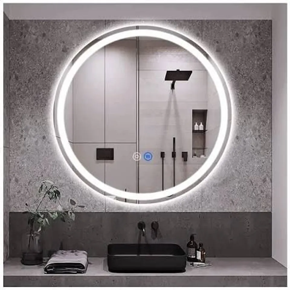 BOXED ROUND BATHROOM MIRROR WITH LED LIGHTS 57X58CM, ANTI-FOG, 3 COLORS DIMMABLE, BACKLIT LIGHT, LIGHTED BATHROOM VANITY MIRROR FOR WALL, SHATTERPROOF TEMPERED GLASS, MEMORY FUNCTION