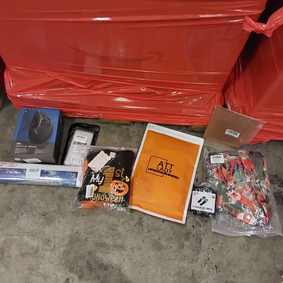 PALLET OF ASSORTED ITEMS INCLUDING: COMPUTER MOUSE, DIAMOND PAINTING, PHONE CASE, WOMEN'S CLOTHING, HALLOWEEN COSTUME, AIR FRYER LINER, WOMEN'S CLOTHING 